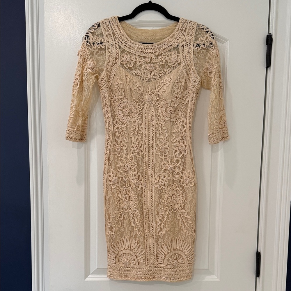 Sue Wong Beige Crochet Lace Long Sleeve Dress
